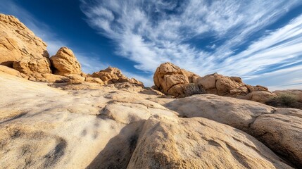 Aufkleber - Stunning rocky landscape with textured stone formations under a vast blue sky and fluffy clouds : Generative AI