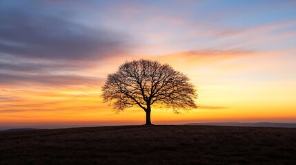 Poster - Elegant Silhouette of a Leafless Tree Against a Stunning Sunset Sky in Vibrant Colors : Generative AI