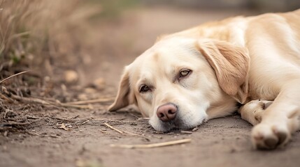 Poster - Calm Golden Labrador Lying on Dirt Path with a Peaceful Expression : Generative AI