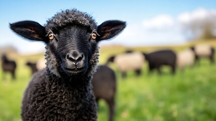 Poster - Adorable black sheep with fluffy wool standing in the foreground against a blurred green pasture : Generative AI