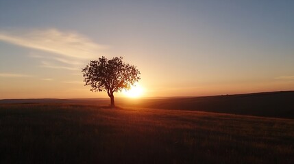 Poster - Stunning sunset over expansive fields featuring a solitary tree in the beautiful evening light : Generative AI