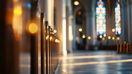 Aufkleber - Interior view of a cathedral showcasing beautiful stained glass windows and wooden pews : Generative AI