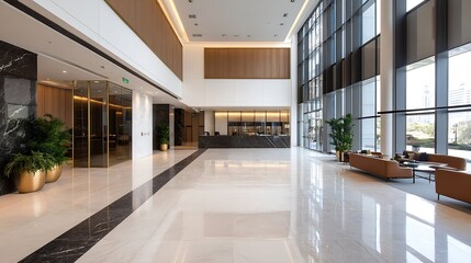 Poster - Modern lobby interior design featuring elegant furnishings and abundant natural light : Generative AI