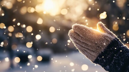 Aufkleber - Warm Cozy Gloved Hands Awaiting Snowflakes During a Beautiful Winter Sunset : Generative AI