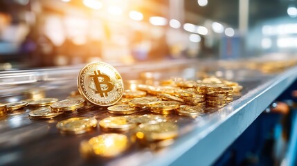 Poster - Physical Bitcoin Coins on a Conveyor Belt in a Modern Setting : Generative AI
