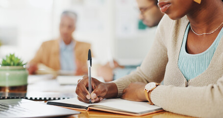 Aufkleber - Book, hands or business woman writing in office with agreement for planning, research or listening to feedback, review or agenda checklist. Notebook, planner or manager with journal for meeting notes