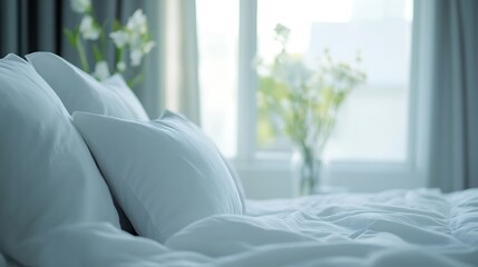 Aufkleber - Elegant Bed with Fresh White Bedding and Natural Light from Windows : Generative AI