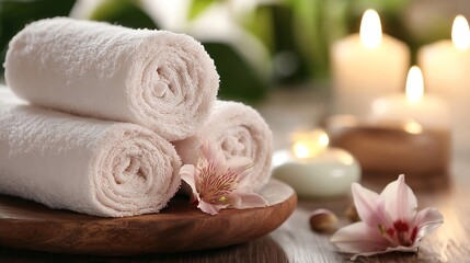 Poster - Soft Rolled Towels and Candles for Spa Experience : Generative AI