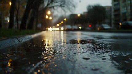 Poster - Serene Rainy City Street with Dramatic Reflections on Wet Pavement in Soft Evening Light : Generative AI