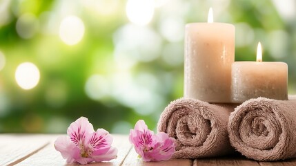 Aufkleber - Relaxing Spa Setup with Soft Towels Candles and Fresh Flowers Creating a Soothing Atmosphere : Generative AI