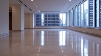 Poster - Bright and spacious empty office interior with large windows in a modern corporate building : Generative AI
