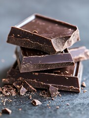 Poster - Stack of rich dark chocolate bars elegantly arranged on a dark surface with pieces scattered around : Generative AI
