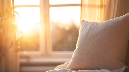 Aufkleber - Bright morning light shining through a window onto a comfortable pillow in a tranquil setting : Generative AI