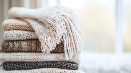 Aufkleber - Cozy Elegant Stacked Knitted Blankets in Neutral Tones on Soft Background for Home Decor : Generative AI