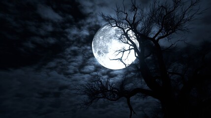 Aufkleber - Spooky Full Moon Illuminating a Tree Silhouette Against Gloomy Clouds at Night : Generative AI