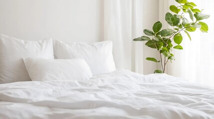 Aufkleber - Cozy Minimalist Bedroom with Soft Linens and Green Houseplant : Generative AI