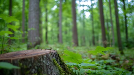 Poster - Tranquil Forest Scene with a Stump Surrounded by Lush Greenery : Generative AI