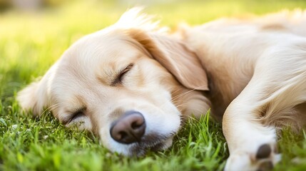 Poster - Golden Retriever Puppy Sleeping Peacefully on Green Grass in Sunny Outdoor Setting : Generative AI
