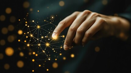 Poster - Hand interacts with glowing network sphere in dark background
