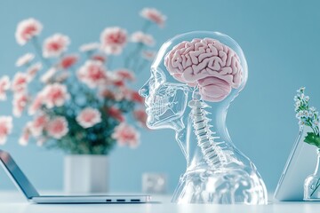 Poster - Transparent Human Brain Model on a Desk with Pink Flowers