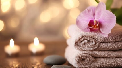 Aufkleber - Wellness Spa Setup with Soft Towels and Beautiful Orchid Flower for Relaxation : Generative AI