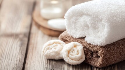 Poster - Spa Essentials Fresh White Towels Lavished on Rustic Wooden Surface for Relaxation and Calm : Generative AI