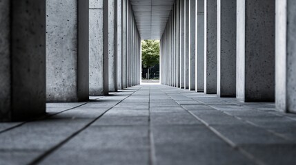 Poster - Modern Architectural Perspective of Concrete Columns Leading into Green Courtyard : Generative AI