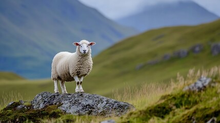 Poster - Adorable sheep standing proudly on rocky terrain surrounded by lush green hills : Generative AI
