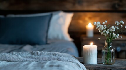Poster - Charming Candlelit Bedroom Decor with Blossoms and Warm Light for Cozy Home Atmosphere : Generative AI