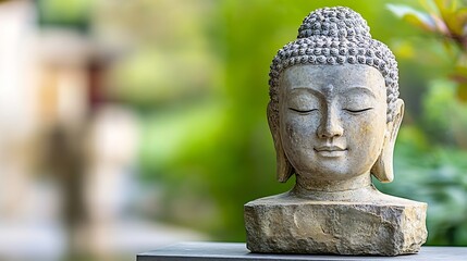 Poster - Peaceful stone Buddha statue surrounded by green foliage symbolizing tranquility and meditation : Generative AI