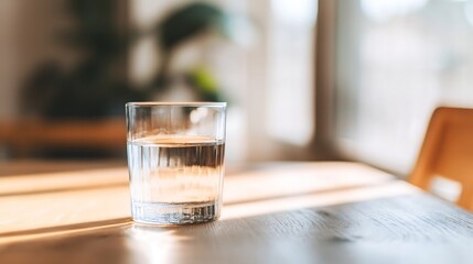 Poster - Glass of clear water resting on a wooden table illuminated by soft natural light : Generative AI