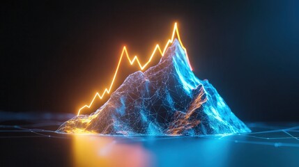 Poster - A stunning 3D representation of a mountain featuring vibrant blue and orange data visualization elements, symbolizing growth and analysis in a digital landscape.