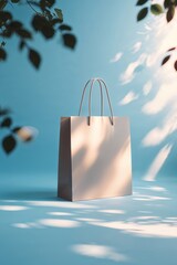 Poster - Stylish shopping bag placed on a blue background with soft natural lighting and shadows from leaves