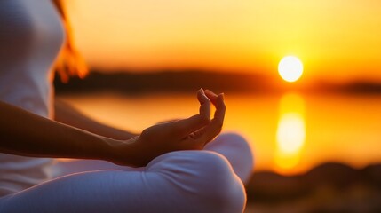 Aufkleber - Calm Individual Meditating at Sunset on a Tranquil Beach with Vibrant Orange Sun : Generative AI