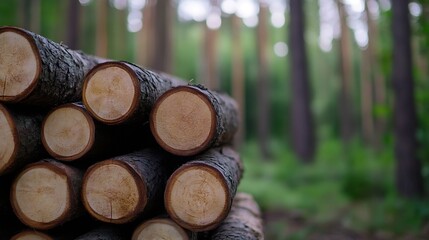 Aufkleber - A close up view of freshly cut wood logs stacked in a forest setting surrounded by greenery : Generative AI