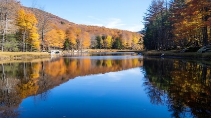 Poster - Calm autumn lake reflecting vibrant fall colors with trees surrounding the peaceful waters : Generative AI