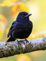 Aufkleber - A closeup of a black bird perched on a branch showcasing its glossy feathers and bright eye in a vibrant natural setting : Generative AI