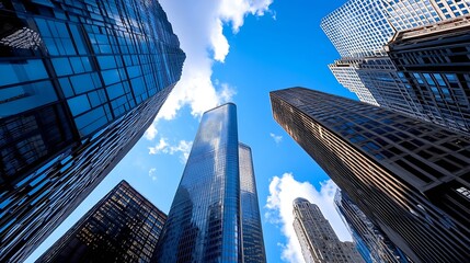 Aufkleber - Majestic view of skyscrapers reaching for the blue sky with fluffy clouds : Generative AI