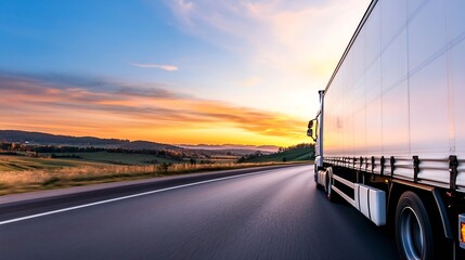 Aufkleber - Fast Moving Delivery Truck on Open Highway at Sunset : Generative AI