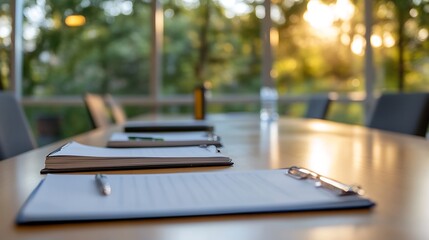 Leinwandbilder - Professional conference room table setup with documents and natural lighting : Generative AI