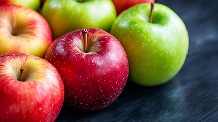 Poster - Fresh red and green apples arranged beautifully on a dark surface showcasing nature's bounty and healthy eating : Generative AI