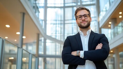 Fototapete - Confident young professional man smiling in a modern office setting with large glass windows : Generative AI