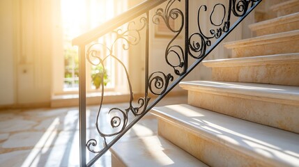Poster - Elegant Staircase with Decorative Railing and Warm Sunlight Streaming In : Generative AI