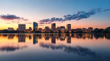 Poster - Vibrant City Skyline Reflected in Calm Water at Dusk with Glowing City Lights : Generative AI