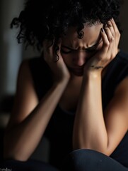 Aufkleber - Lonely young woman holding her head in despair reflecting deep emotional pain and struggle : Generative AI