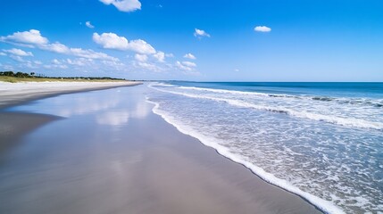Poster - Tranquil beach with gentle waves lapping on the shore under a clear blue sky : Generative AI