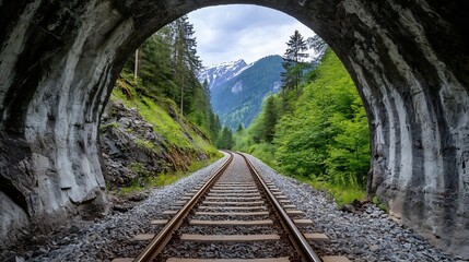 Aufkleber - Scenic view through a mountain tunnel revealing a lush landscape and railway track : Generative AI