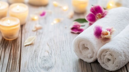 Aufkleber - Relaxing Spa Scene with Soft White Towels Candles and Purple Flowers for Pampering Experience : Generative AI
