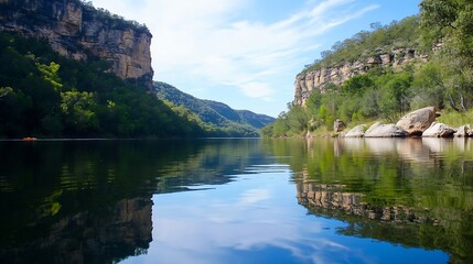 Aufkleber - Serene river landscape with majestic cliffs and lush greenery reflecting on calm waters : Generative AI