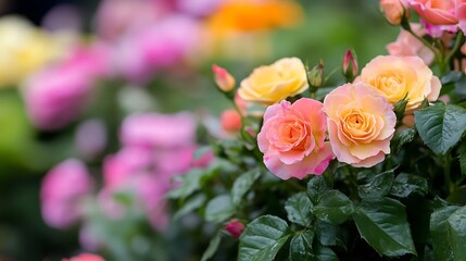 Poster - Beautiful Roses in Bloom Showcasing Lush Petals in Shades of Pink and Yellow Amongst Green Leaves : Generative AI